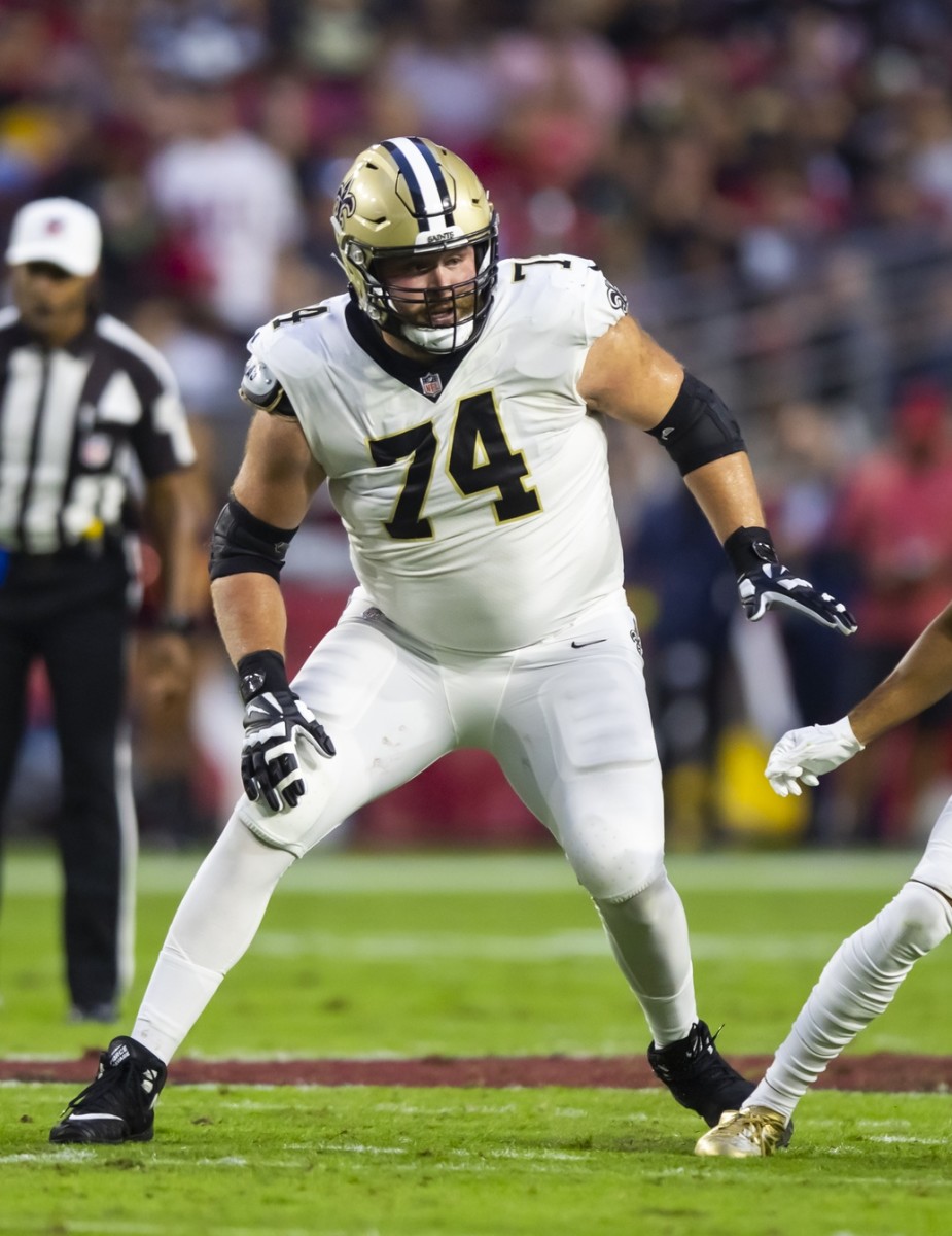 New Orleans Saints offensive tackle James Hurst (74) against the Arizona Cardinals. Mandatory Credit: Mark J. Rebilas-USA TODAY Sports